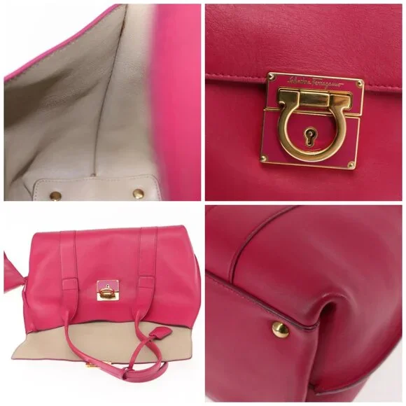 Salvatore Ferragamo Gancini Hand Bag Leather Pink Gold